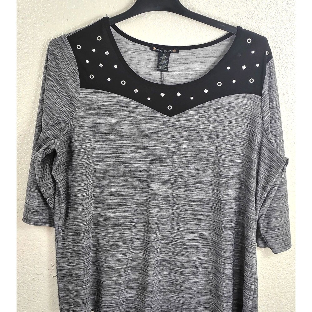 Suzie in the City Womens 2X Top Gray Space Dye Studded Embellished 3/4 Sleeve